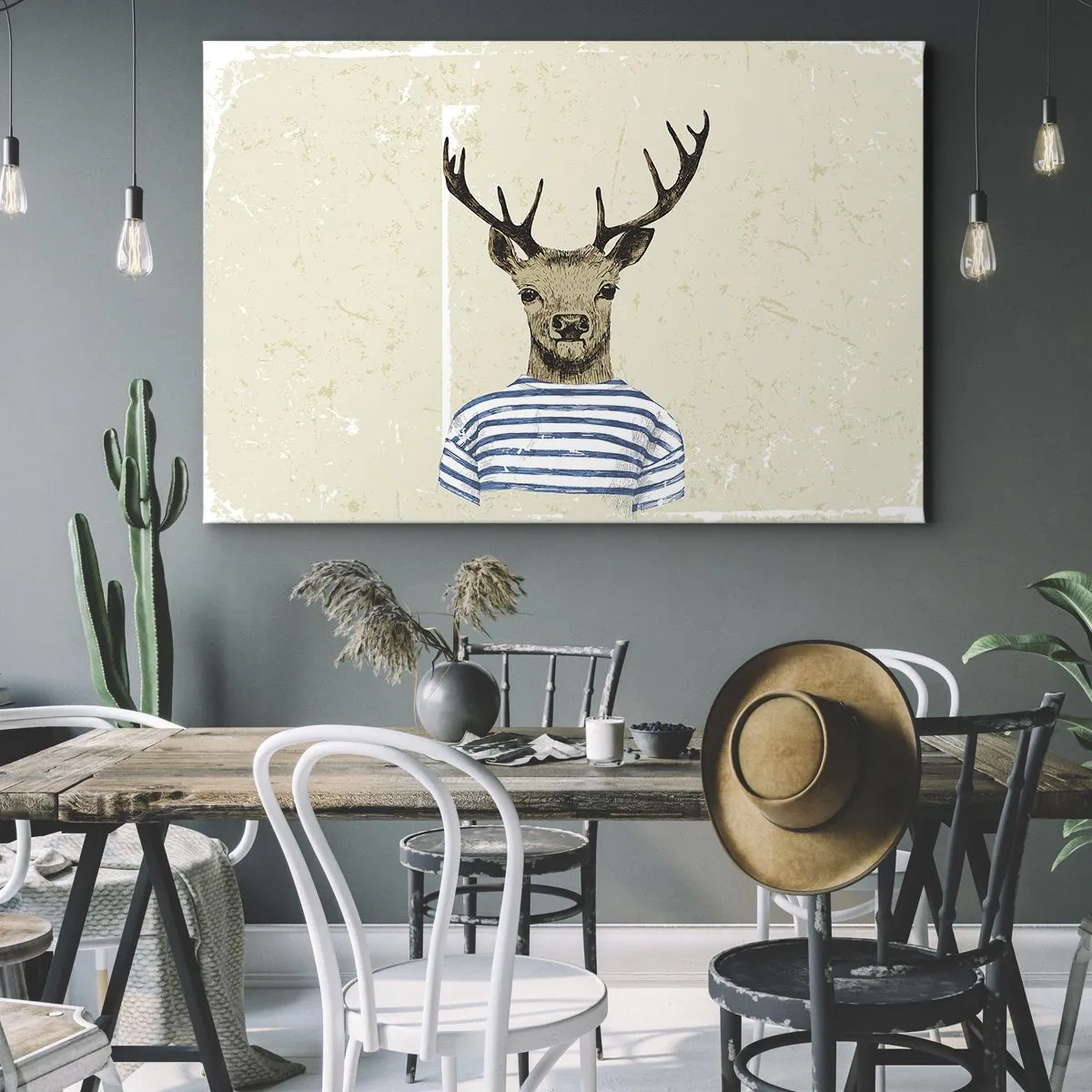 Tablou pe pânză Canvas - Un cerb într-o cămașă cu dungi pe un fundal deschis cu o textură delicată - 70x50cm - Pentru că îmi plac cămășile cu dungi! - Decorațiune modernă pentru perete pentru living și dormitor ARTTOR