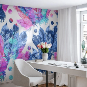 Tapet Standard Eco - Pene în alb și albastru - Pene de pasăre, Ilustrație colorată, Grafică - 300x210 cm