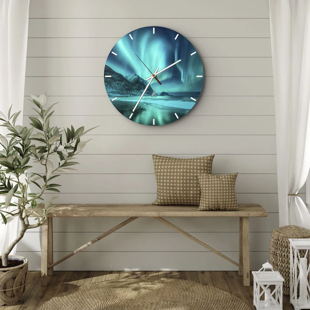 Ceas de perete - Ceas pe sticlă - Aurora boreală deasupra coastei muntoase noaptea - 30x30cm - Minunile din nord - Decorațiune modernă pentru perete pentru living, bucătărie și dormitor ARTTOR