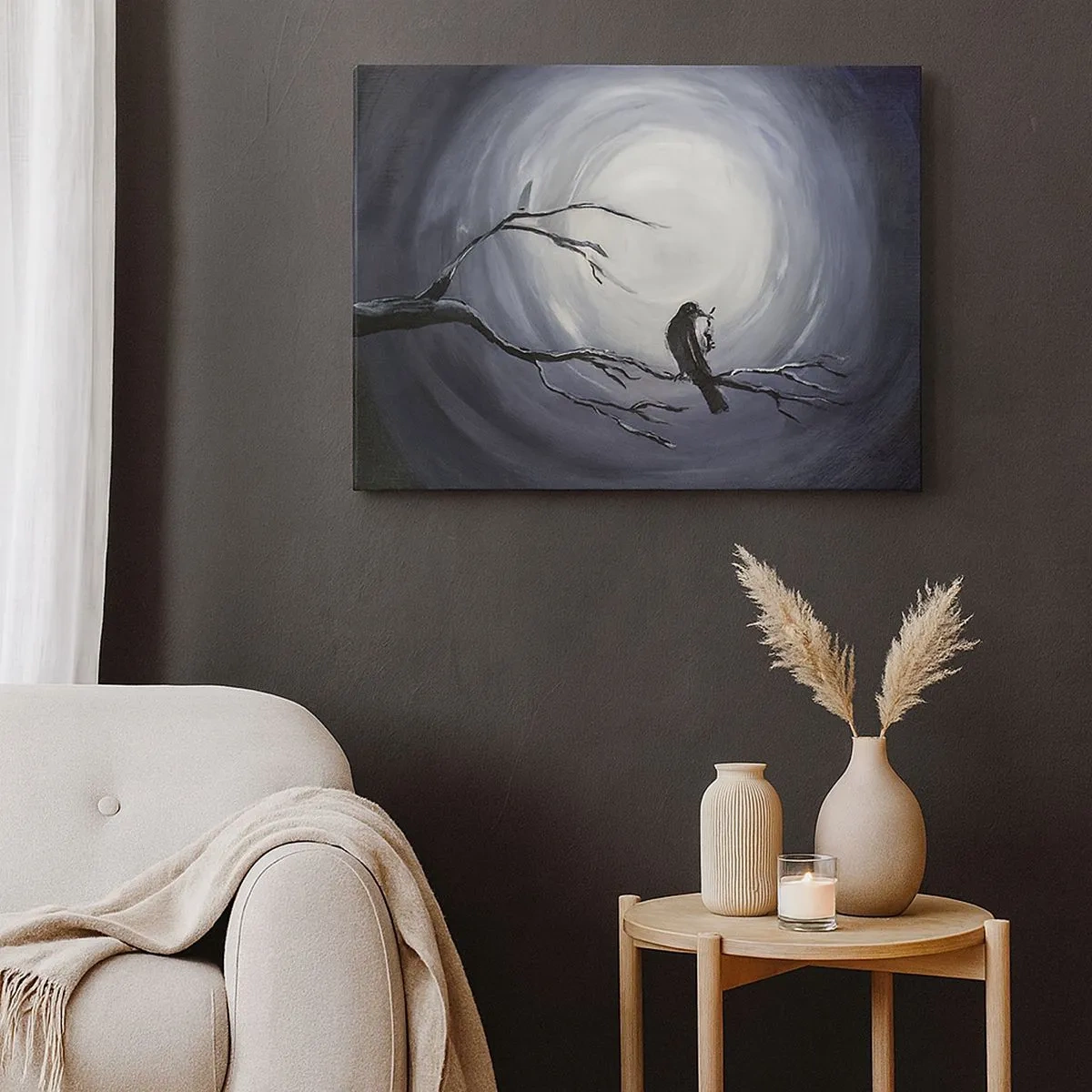Tablou pe pânză Canvas - Pasăre neagră pe o creangă în lumina lunii - 70x50cm - Cheia pentru misterul nopții - Decorațiune modernă pentru perete pentru living și dormitor ARTTOR