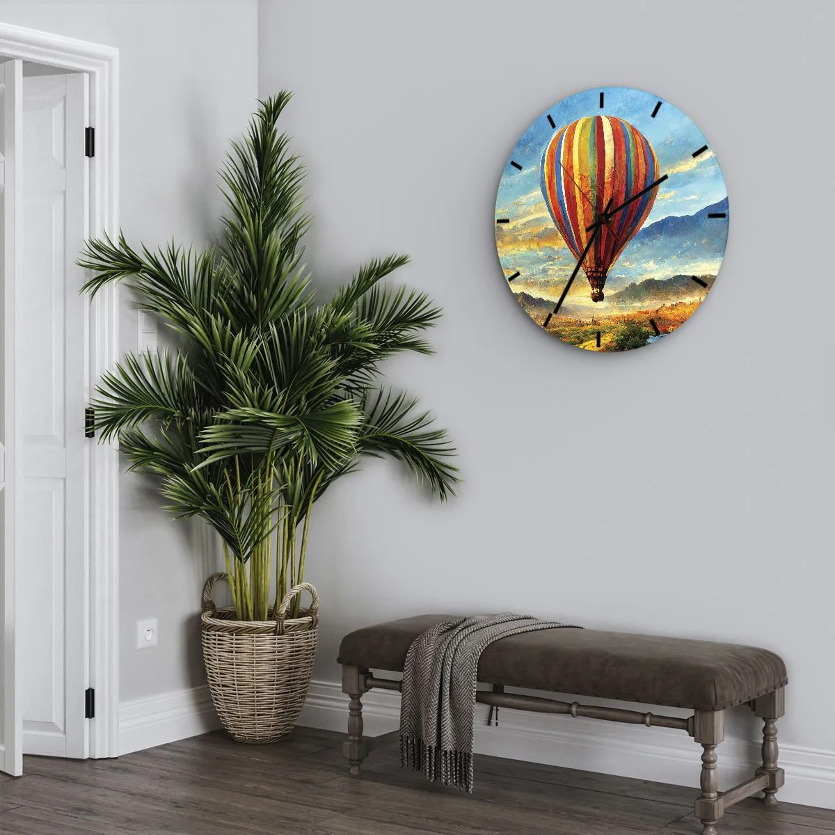 Ceas de perete - Ceas pe sticlă - Un balon colorat pe fundalul unui peisaj montan la răsărit - 30x30cm - În liniște puteți vedea mai multe - Decorațiune modernă pentru perete pentru living, bucătărie și dormitor ARTTOR