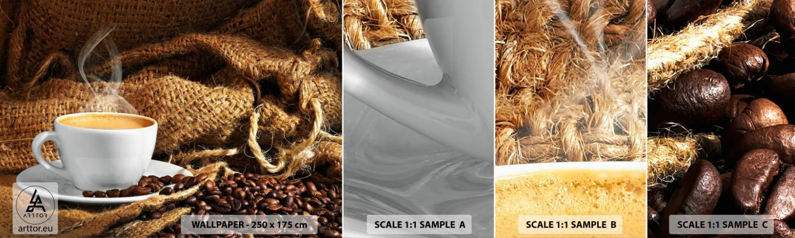 Mostră de Tapet Standard Eco - Mirosul de mokka și densitatea lichidului de miere - Gastronomie, Cafea, ceașcă de cafea - 100x30 cm