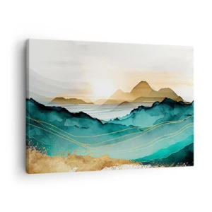 Tablou pe pânză Canvas - Peisaj abstract cu munți și accente aurii - 70x50cm - La limita abstracției - peisaj - Decorațiune modernă pentru perete pentru living și dormitor ARTTOR