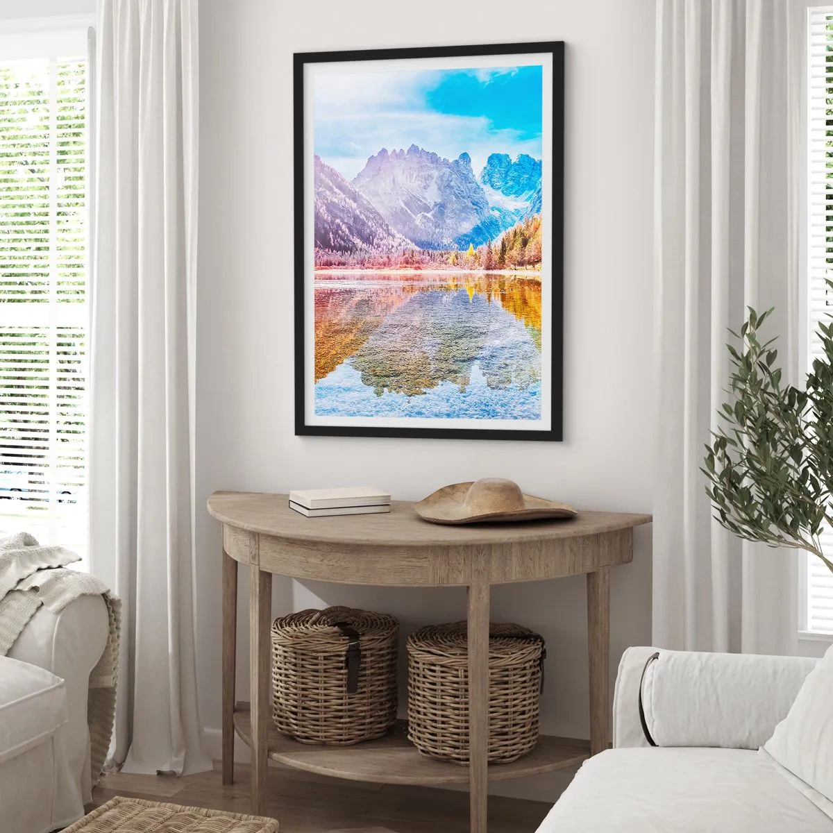 Poster în ramă neagră - Peisaj montan cu un lac și culori de toamnă - 50x70cm - Iar în munți începe toamna - Decorațiune modernă pentru perete pentru living și dormitor ARTTOR