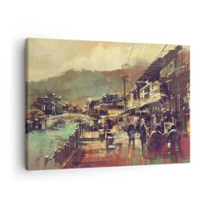 Tablou pe pânză Canvas - Un oraș cu un pod și străzi decorate artistic - 70x50cm - Viața ca o bogăție de gri - Decorațiune modernă pentru perete pentru living și dormitor ARTTOR