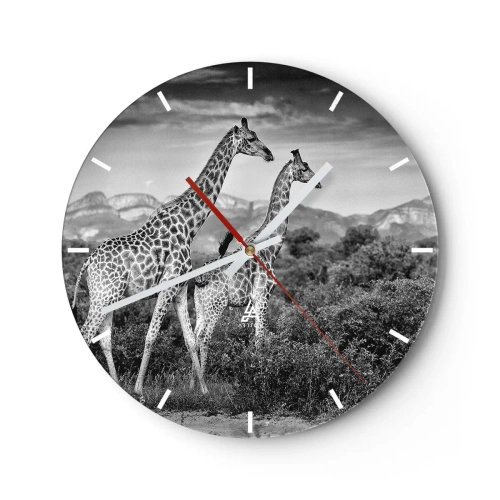 Ceas de perete - Ceas pe sticlă - fotografie alb-negru a două girafe în savană. - 30x30cm - Clasele superioare din Africa - Decorațiune modernă pentru perete pentru living, bucătărie și dormitor ARTTOR