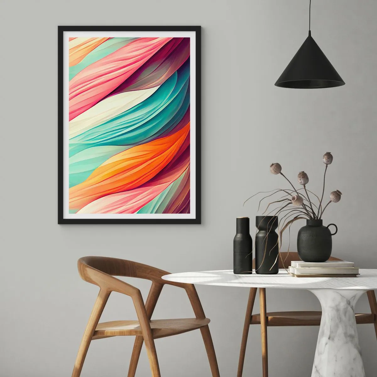 Poster în ramă neagră - O compoziție abstractă de linii ondulate în culori intense. - 50x70cm - Țesătură de curcubeu - Decorațiune modernă pentru perete pentru living și dormitor ARTTOR