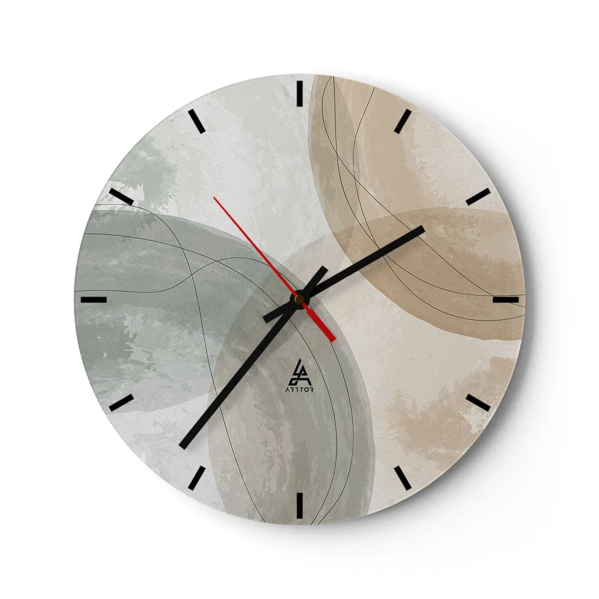 Ceas de perete - Ceas pe sticlă - Forme abstracte interpenetrante în nuanțe de bej - 30x30cm - Întrepătrunderea lumilor - Decorațiune modernă pentru perete pentru living, bucătărie și dormitor ARTTOR