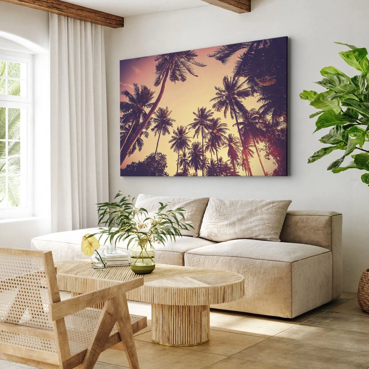Tablou pe pânză Canvas - Palmieri pe cer cu culori calde ale apusului - 70x50cm - Variație tropicală - Decorațiune modernă pentru perete pentru living și dormitor ARTTOR