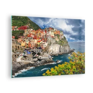 Tablou pe sticlă - Un oraș colorat pe o stâncă lângă mare - 70x50cm - Îmbrățișați de stânci - Decorațiune modernă pentru perete pentru living și dormitor ARTTOR