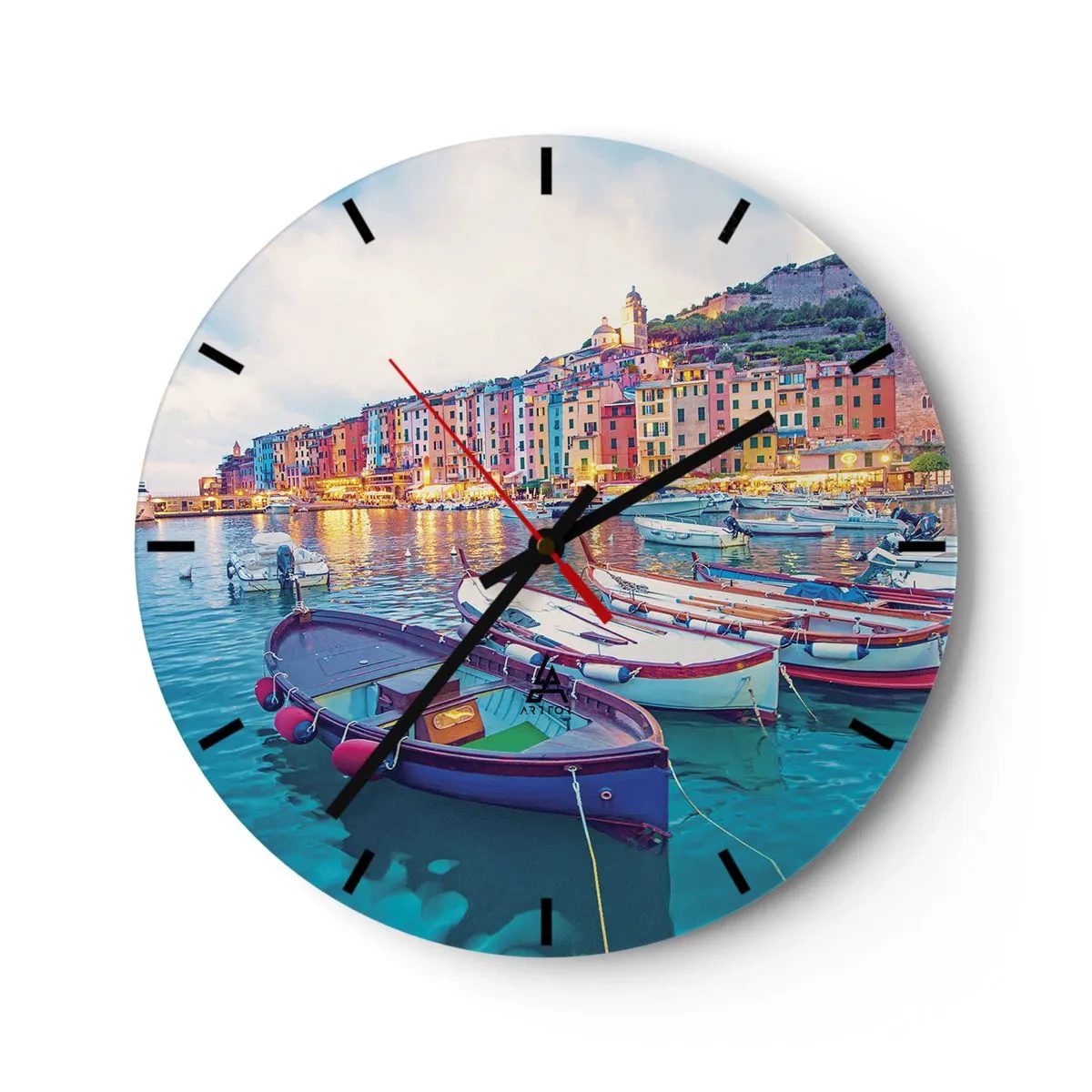 Ceas de perete - Ceas pe sticlă - O seară plină de culoare în port - 40x40 cm