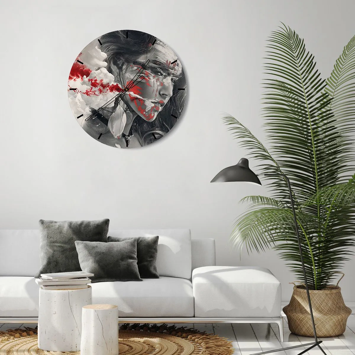 Ceas de perete - Ceas pe sticlă - Fața unei femei cu accente abstracte roșii și albe - 30x30cm - În aburul absurdului - Decorațiune modernă pentru perete pentru living, bucătărie și dormitor ARTTOR