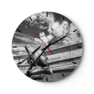 Ceas de perete - Ceas pe sticlă - O fotografie alb-negru a unui avion cu nori în fundal. - 30x30cm - Abia aștept! - Decorațiune modernă pentru perete pentru living, bucătărie și dormitor ARTTOR