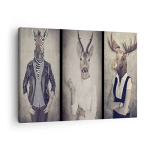 Tablou pe pânză Canvas - Un triptic cu figuri de animale în haine umane pe un fundal artistic - 70x50cm - Lăsați gesturile să vorbească - Decorațiune modernă pentru perete pentru living și dormitor ARTTOR