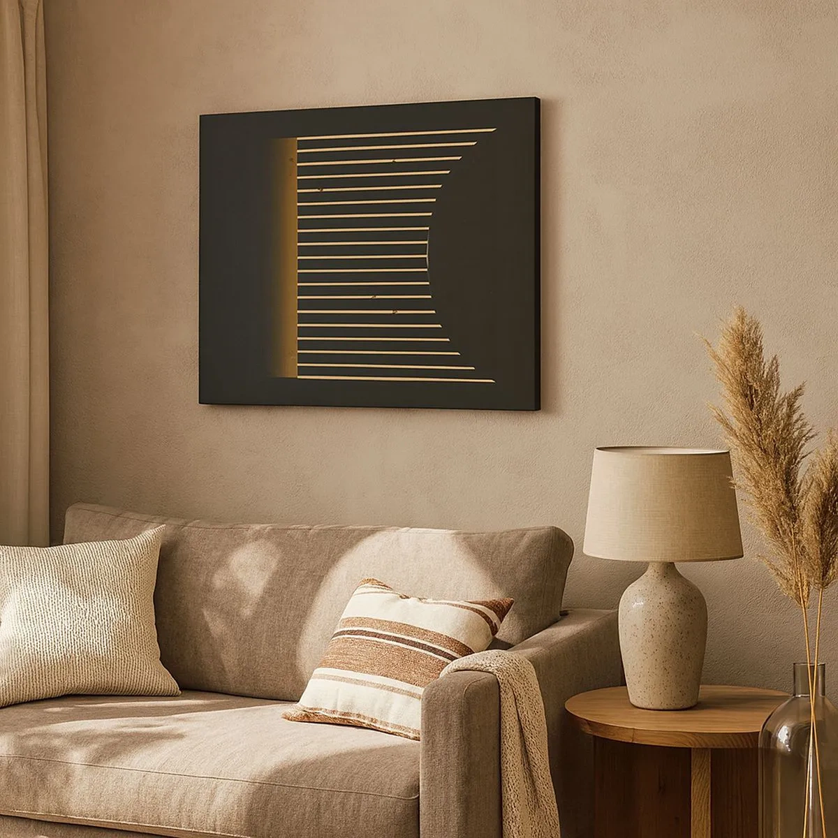 Tablou pe pânză Canvas - Model geometric cu dungi pe un fundal închis - 70x50cm - Explorați întunericul - Decorațiune modernă pentru perete pentru living și dormitor ARTTOR