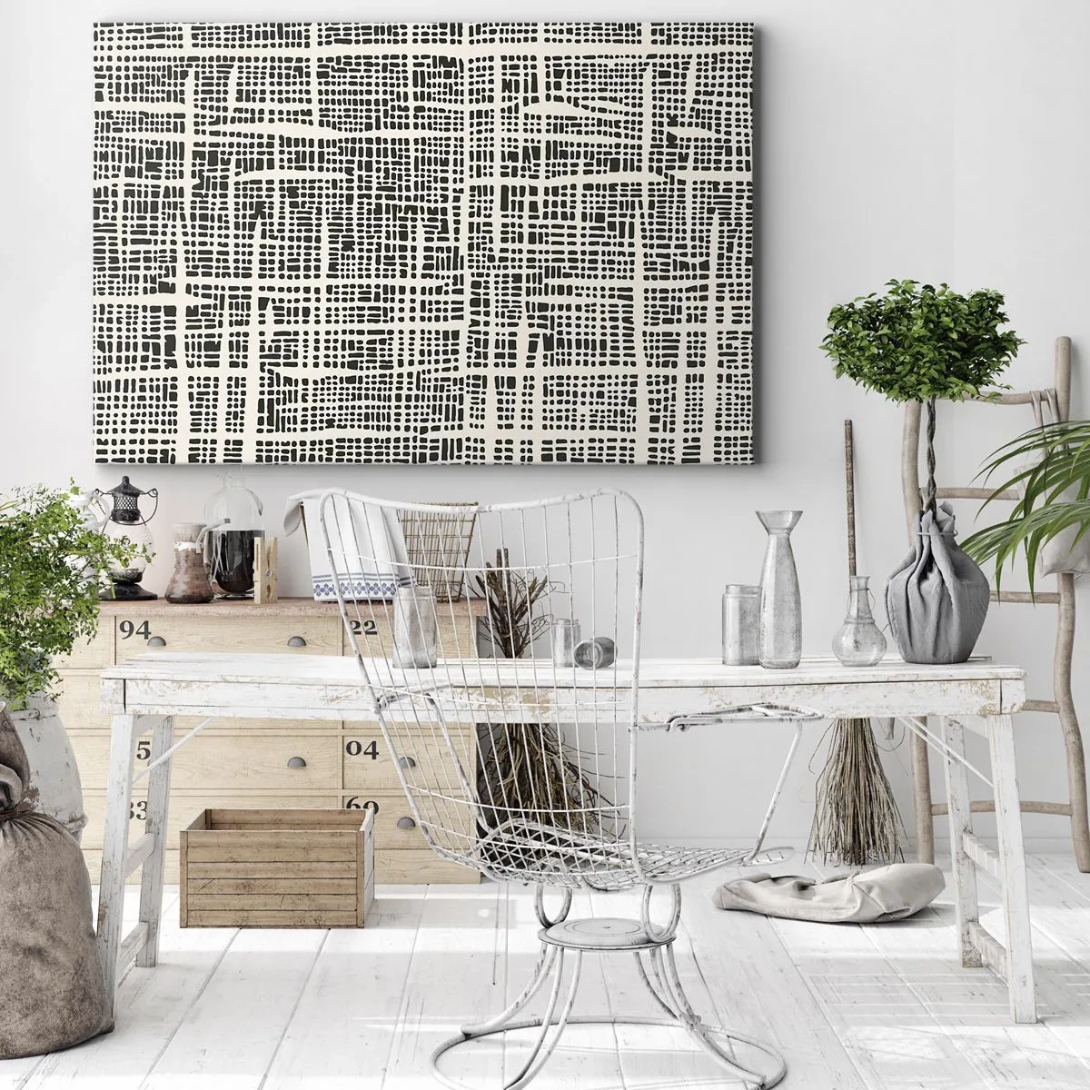 Tablou pe pânză Canvas - Un model geometric asemănător unei grile pe un fundal deschis - 70x50cm - O compoziție țesută - Decorațiune modernă pentru perete pentru living și dormitor ARTTOR