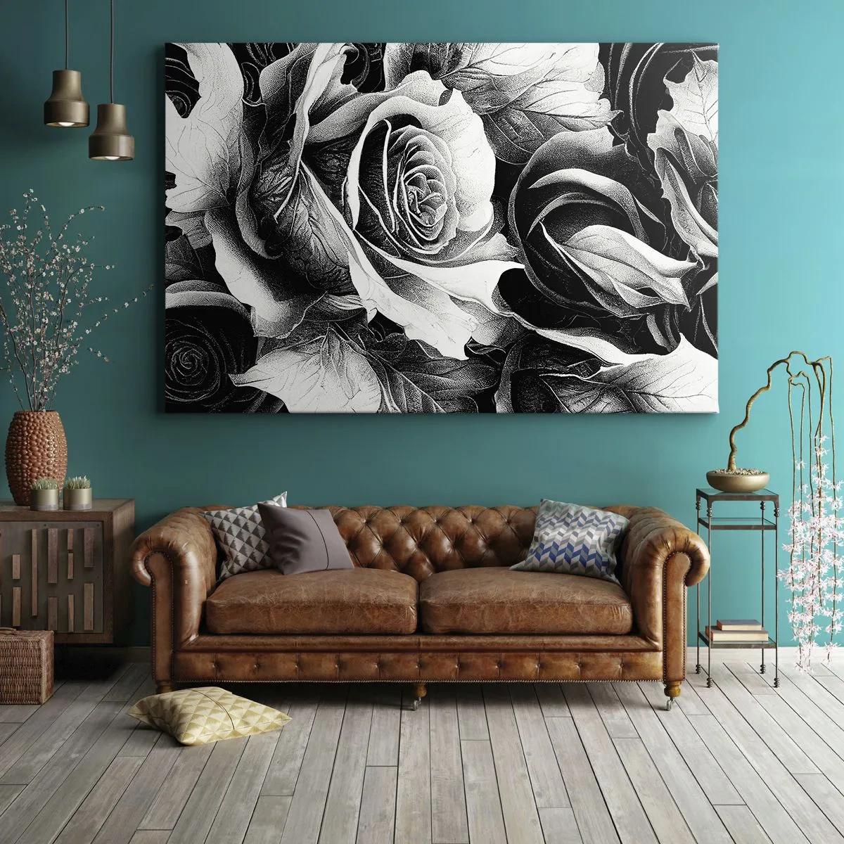 Tablou pe pânză Canvas - Trandafiri albi și negri într-o compoziție elegantă - 70x50cm - Mereu regina - Decorațiune modernă pentru perete pentru living și dormitor ARTTOR