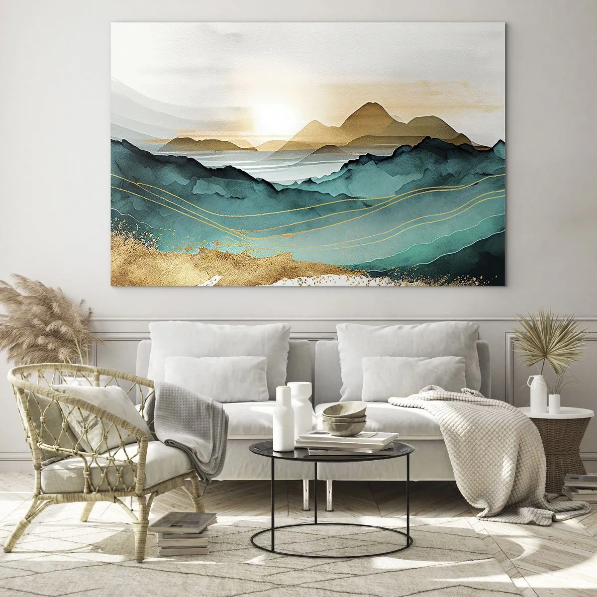 Tablou pe sticlă - Un peisaj montan auriu și turcoaz în stil acuarelă. - 70x50cm - La limita abstracției - peisaj - Decorațiune modernă pentru perete pentru living și dormitor ARTTOR