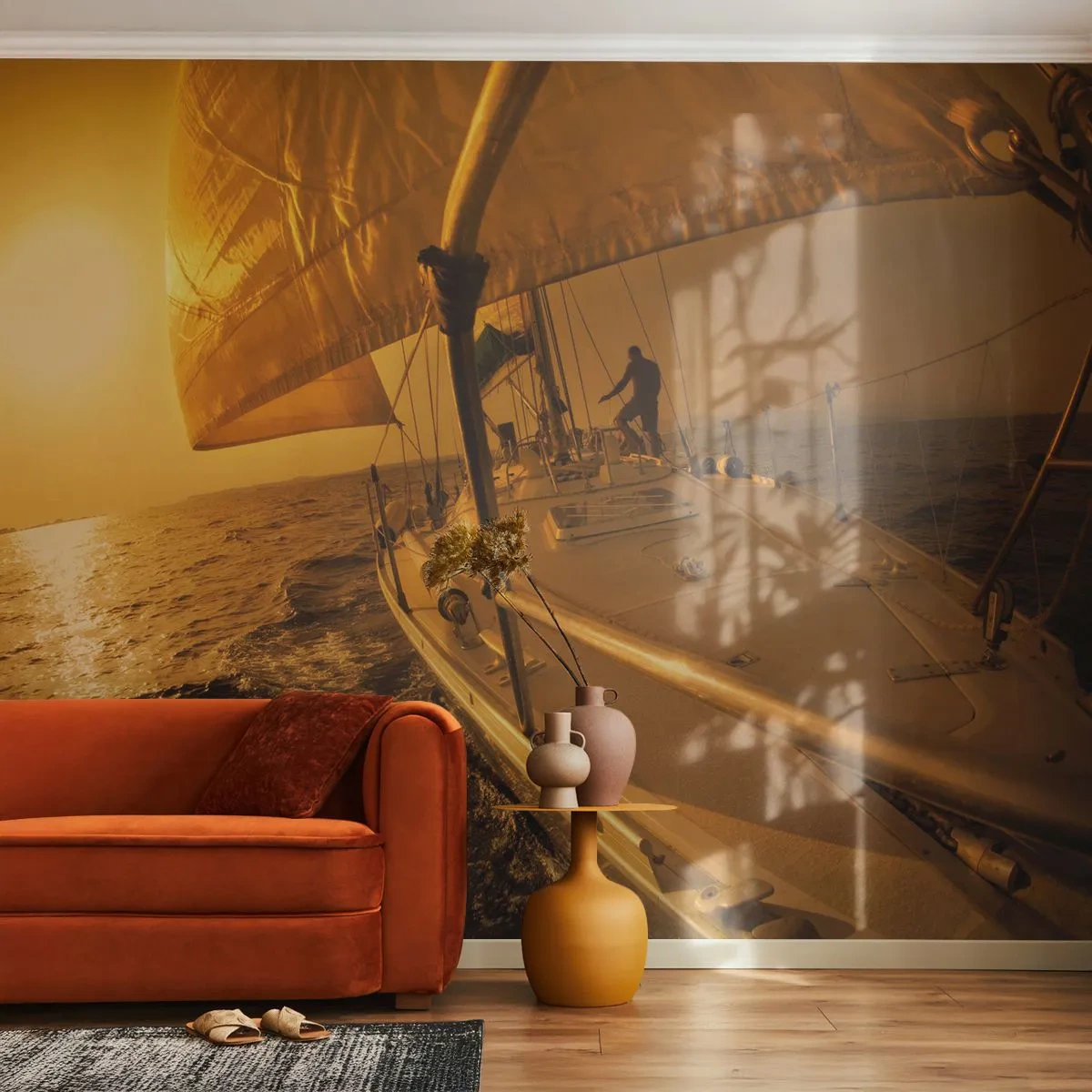 Tapet Premium Sand - O seară aurie după o zi multicoloră - Studii maritime, Barcă cu pânze, Călătorii - 100x70 cm