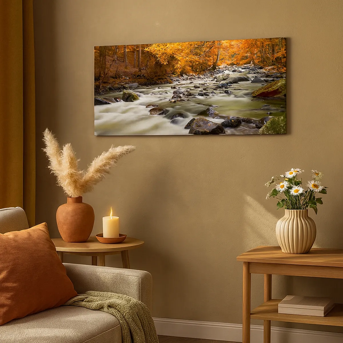 Tablou pe pânză - Un pârâu într-o pădure de aur - 30x30 cm