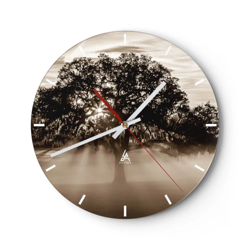 Ceas de perete - Ceas pe sticlă - Copac într-o scenă cețoasă în zori, în sepia - 30x30cm - Un copac de vești bune - Decorațiune modernă pentru perete pentru living, bucătărie și dormitor ARTTOR