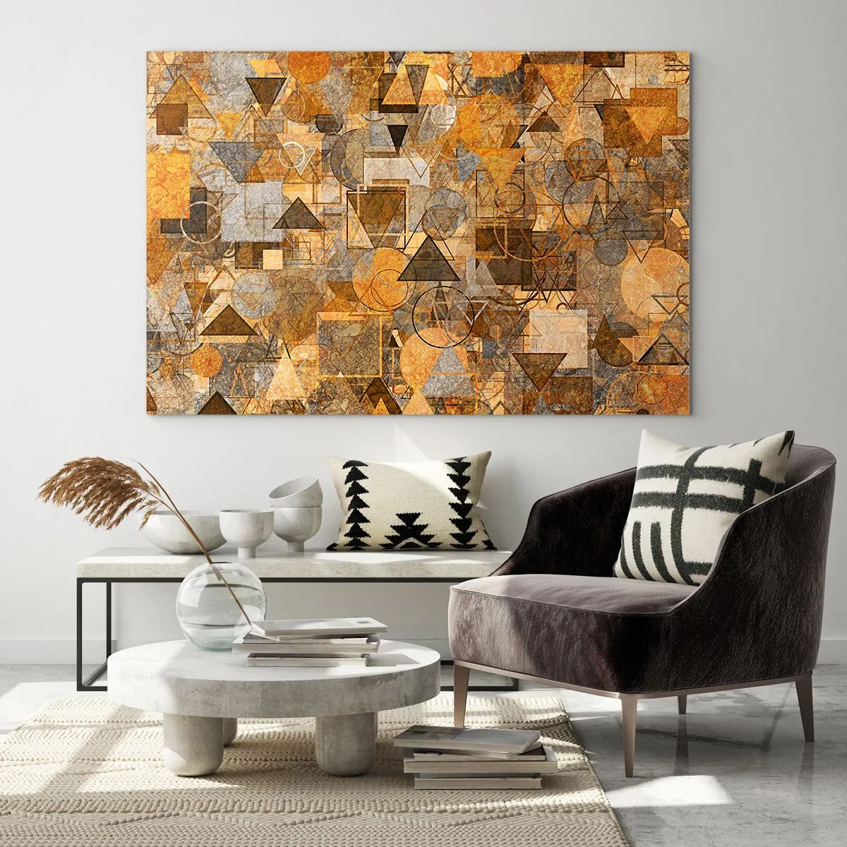 Tablou pe sticlă - Compoziție geometrică abstractă în tonuri calde - 70x50cm - Lumea băgată în formă - Decorațiune modernă pentru perete pentru living și dormitor ARTTOR