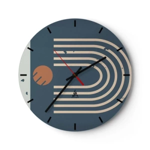 Ceas de perete - Ceas pe sticlă - Model geometric abstract în nuanțe de albastru marin și bej - 30x30cm - Geometrie în funcție de rodie - Decorațiune modernă pentru perete pentru living, bucătărie și dormitor ARTTOR