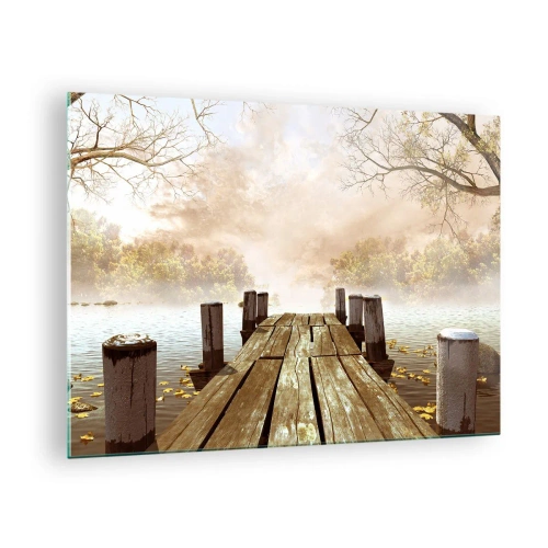 Tablou pe sticlă - Un debarcader de lemn peste un lac liniștit în ceață - 70x50cm - Tristețea blândă a toamnei - Decorațiune modernă pentru perete pentru living și dormitor ARTTOR
