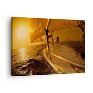Tablou pe pânză Canvas - Barcă cu pânze pe mare la apus, strălucire aurie. - 70x50cm - O seară aurie după o zi multicoloră - Decorațiune modernă pentru perete pentru living și dormitor ARTTOR