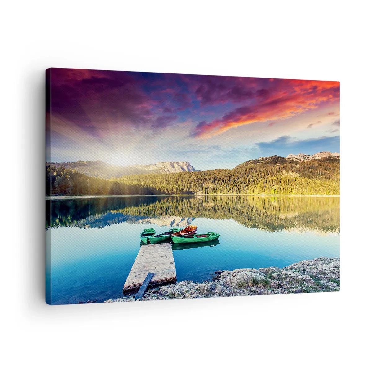 Tablou pe pânză Canvas - Apus de soare peste lac cu bărci la dig - 70x50cm - Spre o apă netedă ca o oglindă - Decorațiune modernă pentru perete pentru living și dormitor ARTTOR