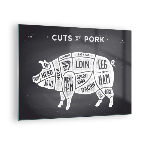 Tablou pe sticlă - Diagramă a bucăților de carne de porc pe o tablă neagră - 70x50cm - Abecedar de măcelar - Decorațiune modernă pentru perete pentru living și dormitor ARTTOR