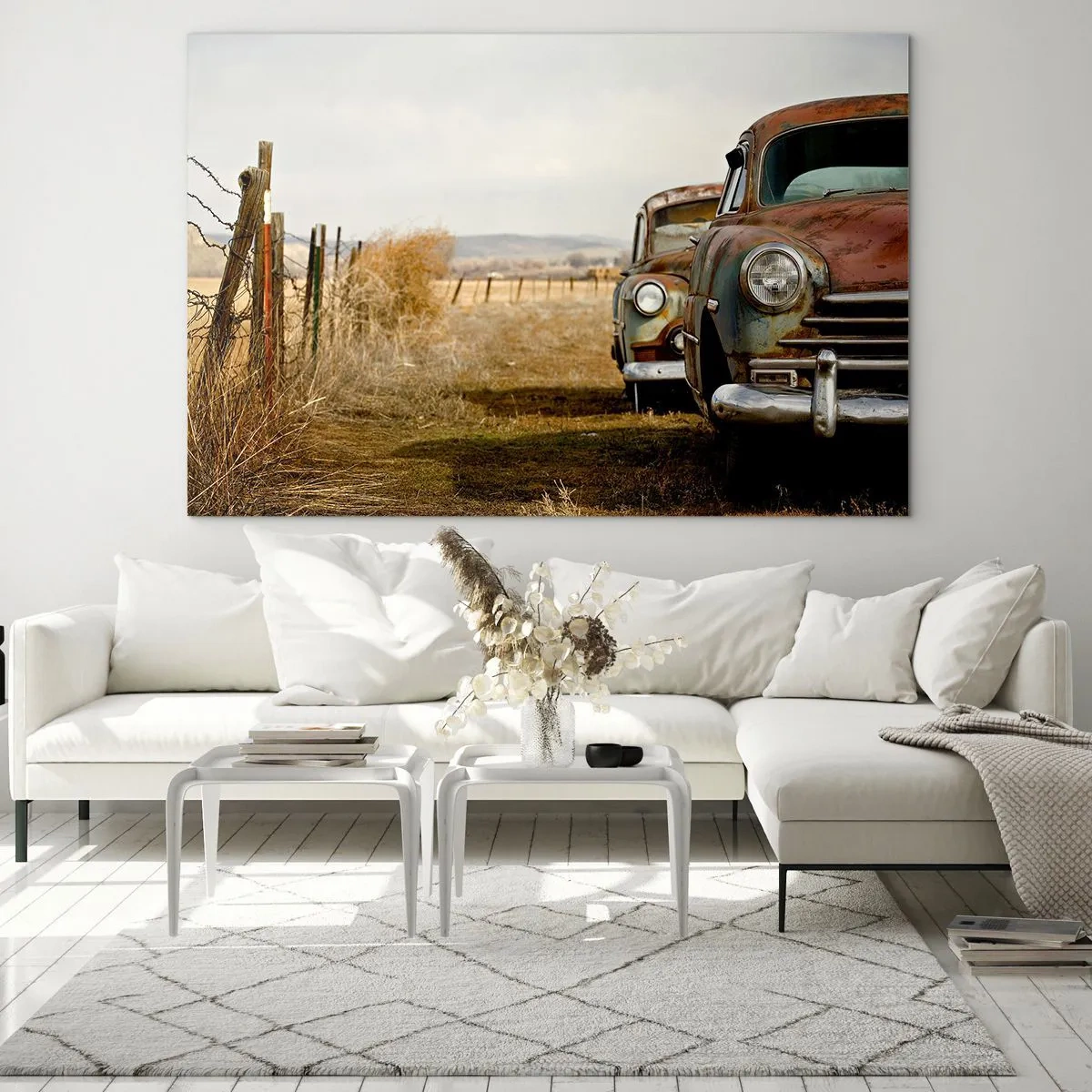 Tablou pe sticlă - Mașini de epocă pe un drum de țară - 70x50cm - O odihnă binemeritată - Decorațiune modernă pentru perete pentru living și dormitor ARTTOR
