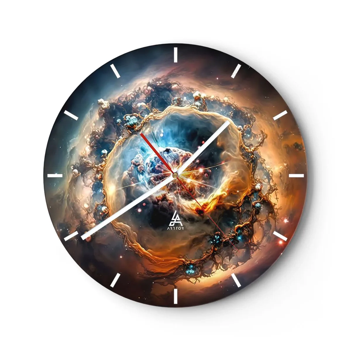 Ceas de perete - Ceas pe sticlă - Un vortex cosmic în culori intense - 30x30cm - Început - Decorațiune modernă pentru perete pentru living, bucătărie și dormitor ARTTOR