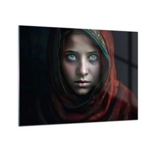 Tablou pe sticlă - Portretul unei femei într-o eșarfă roșie pe un fundal întunecat - 70x50cm - Prințesa orientală - Decorațiune modernă pentru perete pentru living și dormitor ARTTOR