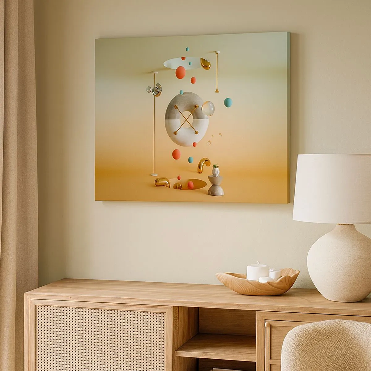 Tablou pe pânză Canvas - Figuri geometrice în culori pastelate într-un aranjament suprarealist - 70x50cm - Orice se poate întâmpla - Decorațiune modernă pentru perete pentru living și dormitor ARTTOR