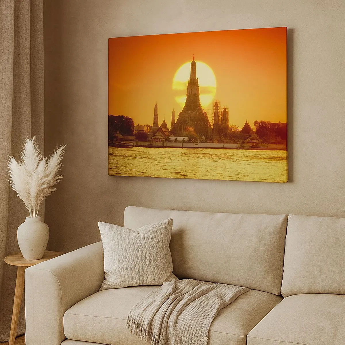 Tablou pe pânză Canvas - Apus de soare peste templu cu reflexie în apă - 70x50cm - Spre soare, mereu spre soare - Decorațiune modernă pentru perete pentru living și dormitor ARTTOR