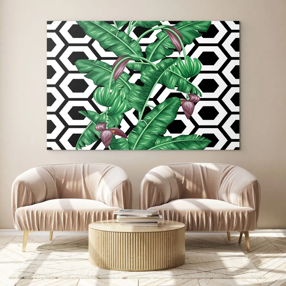 Tablou pe sticlă - Frunze și flori tropicale pe un fundal cu model geometric alb-negru - 70x50cm - Compoziție simetrică din natură - Decorațiune modernă pentru perete pentru living și dormitor ARTTOR