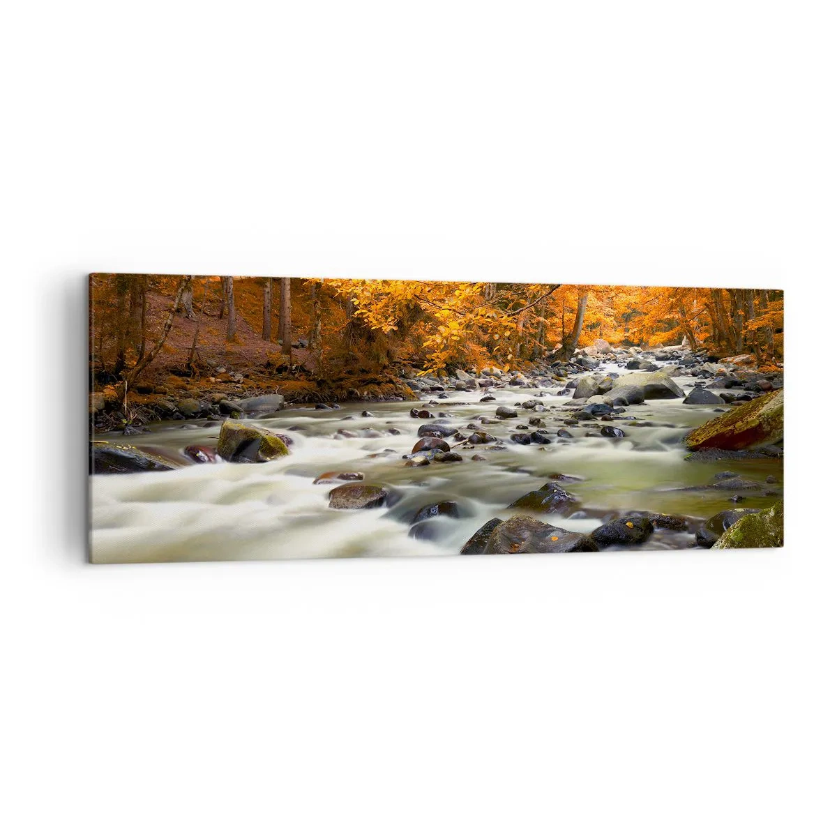 Tablou pe pânză - Un pârâu într-o pădure de aur - 140x50 cm