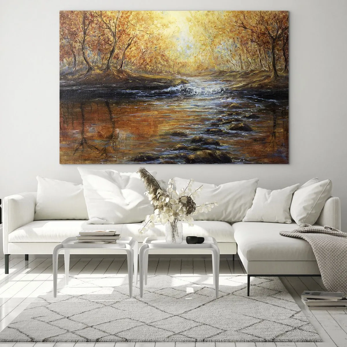 Tablou pe sticlă - Un pârâu auriu în pădure, înconjurat de copaci de toamnă - 70x50cm - Pârâul de aur - Decorațiune modernă pentru perete pentru living și dormitor ARTTOR