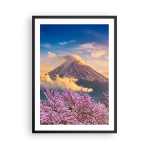 Poster în ramă neagră - Muntele Fuji înconjurat de flori de cireș la apus - 50x70cm - Sfințenia japoneză - Decorațiune modernă pentru perete pentru living și dormitor ARTTOR