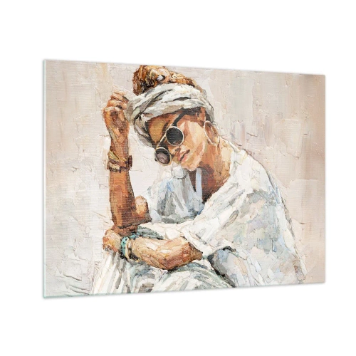 Tablou pe sticlă - Portretul unei femei cu ochelari și turban pictat cu un cuțit de paletă - 70x50cm - Portret în plin soare - Decorațiune modernă pentru perete pentru living și dormitor ARTTOR