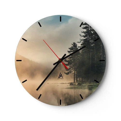 Ceas de perete - Ceas pe sticlă - Un peisaj forestier învăluit în ceață peste un lac liniștit - 30x30cm - Nașterea unei zile - Decorațiune modernă pentru perete pentru living, bucătărie și dormitor ARTTOR