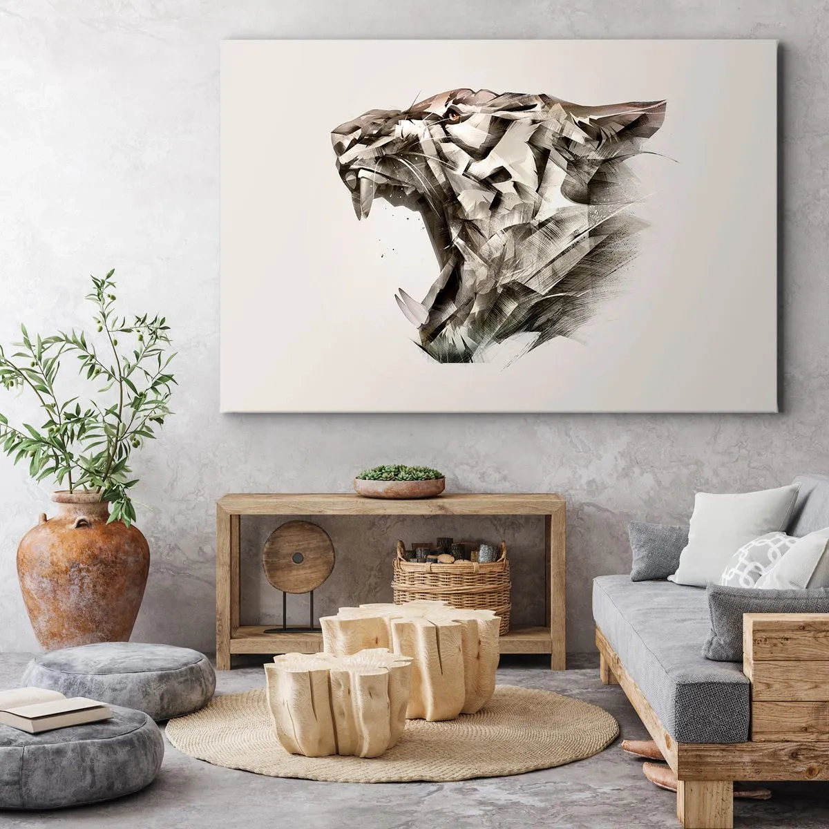 Tablou pe pânză Canvas - Imagine abstractă a unui tigru în nuanțe de bej - 70x50cm - Știți deja cine este la conducere - Decorațiune modernă pentru perete pentru living și dormitor ARTTOR