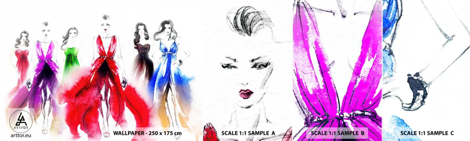 Mostră tapet autocolant Deluxe Sticker - Chef de ținute - Prezentare de modă, Femeie, Rochie - 100x30 cm