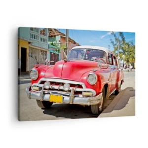 Tablou pe pânză Canvas - O mașină clasică roșie parcată pe stradă într-o zi însorită - 70x50cm - Doar în Cuba - Decorațiune modernă pentru perete pentru living și dormitor ARTTOR