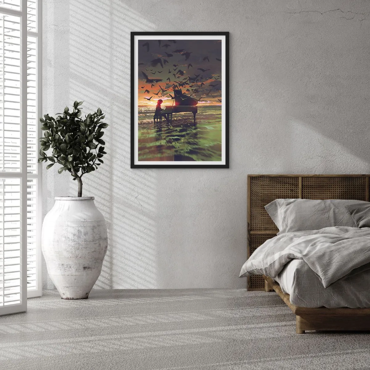 Poster în ramă neagră - Silueta unui pianist pe fundalul unui apus de soare - 50x70cm - Concert pentru pian și valuri - Decorațiune modernă pentru perete pentru living și dormitor ARTTOR