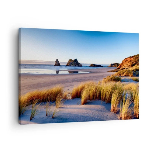 Tablou pe pânză Canvas - O plajă pitorească cu vedere la stânci și la mare la apus - 70x50cm - Pentru cei care caută pacea - Decorațiune modernă pentru perete pentru living și dormitor ARTTOR