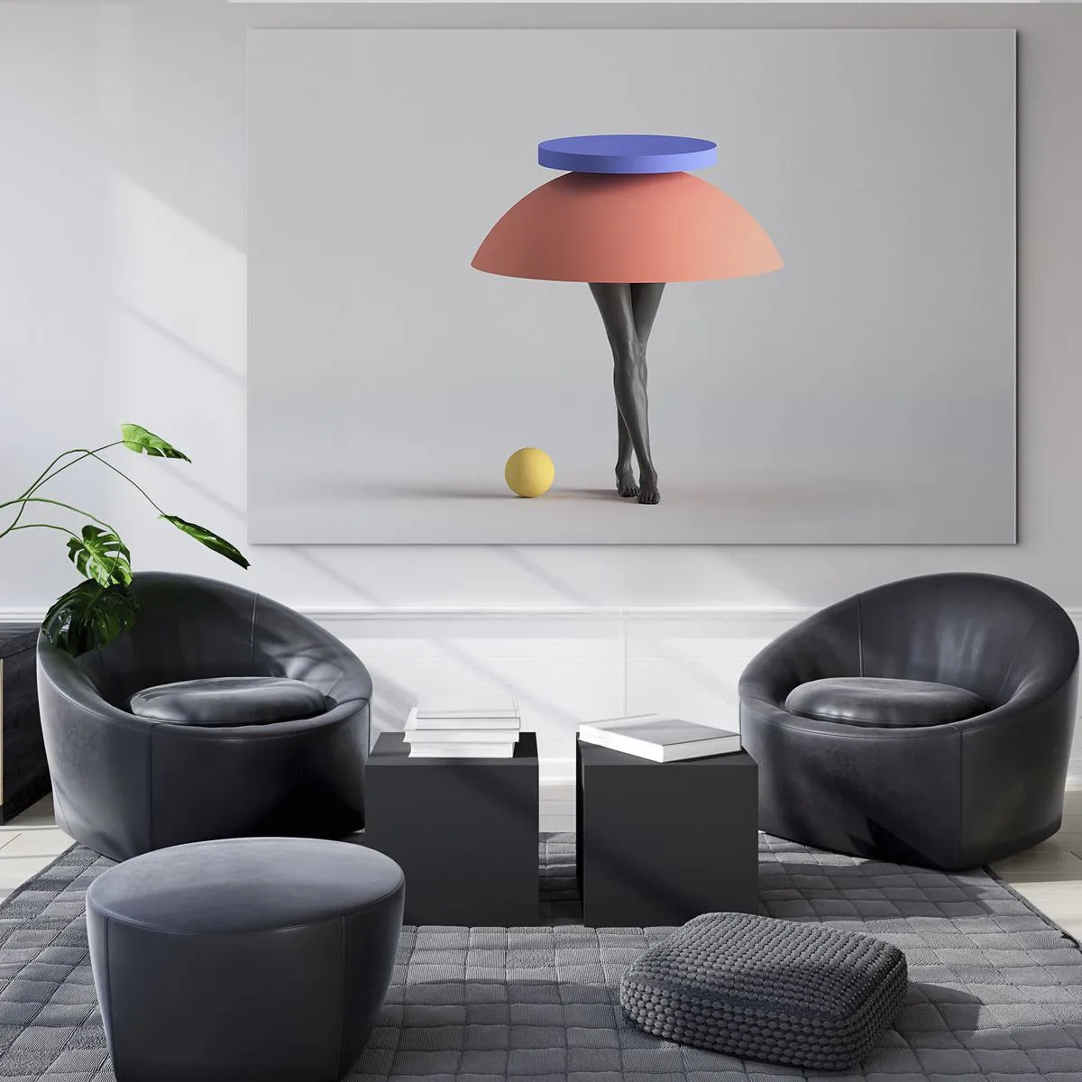 Tablou pe sticlă - O figură suprarealistă formată din forme geometrice și picioare - 70x50cm - Compoziție suprarealistă - Decorațiune modernă pentru perete pentru living și dormitor ARTTOR