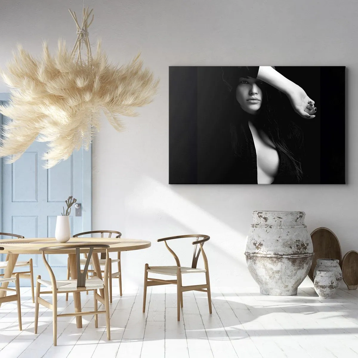 Tablou pe pânză Canvas - Portret elegant al unei femei în alb și negru - 70x50cm - Școala de seducție - Decorațiune modernă pentru perete pentru living și dormitor ARTTOR