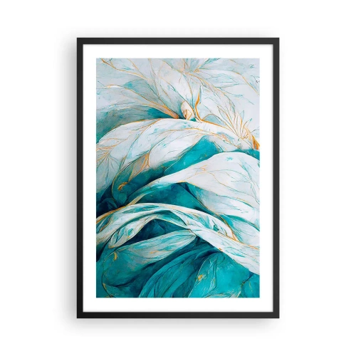 Poster în ramă neagră - Frunze abstracte în nuanțe de turcoaz și alb cu auriu delicat - 50x70cm - Abstractul albastru cu motiv auriu - Decorațiune modernă pentru perete pentru living și dormitor ARTTOR